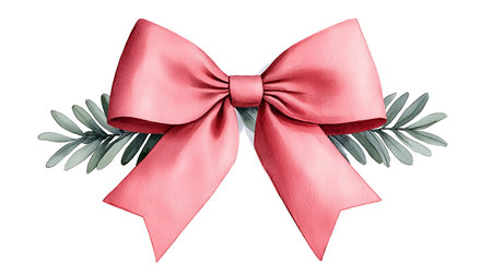 Watercolor red bow with eucalyptus leaves isolated on white background