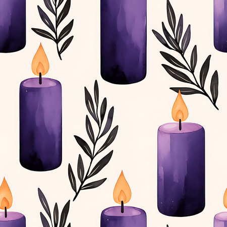 Seamless pattern with candles and branches. Watercolor illustration.の写真素材