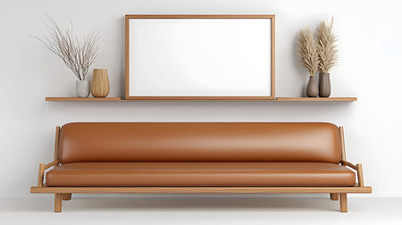 Brown sofa on a wooden shelf in the interior. 3d rendering