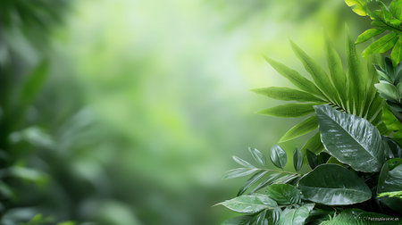 Green leaves on blurred greenery background with bokeh effect.
