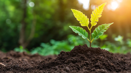 Green seedling growing from soil on blurred green background, Ecology concept