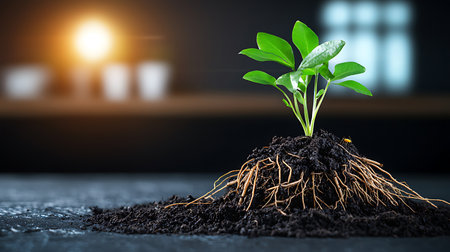 Green seedling with soil on dark background. Ecology and environment conceptの写真素材