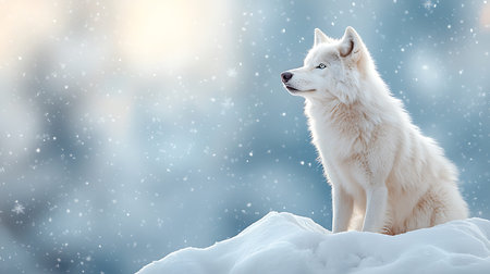 White wolf sitting on snow in winter forest. Copy space for text.