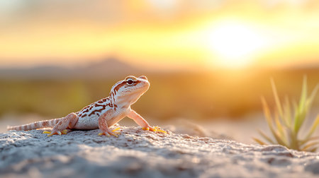 Close-up of a small lizard on the beach at sunset.の写真素材