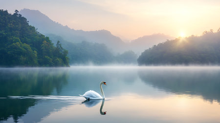 Swan floating on the lake in the morning with fog and mountain backgroundの写真素材