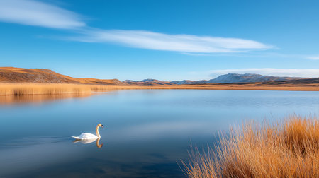 Swan swimming in a lake with mountains in the backgroundの写真素材