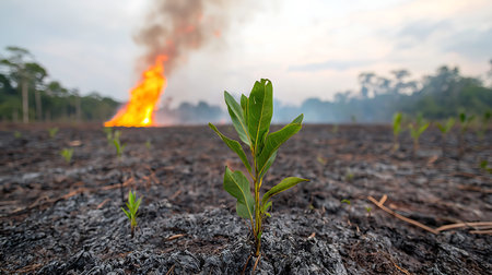 Seedlings of sugarcane on the field with burning in the background