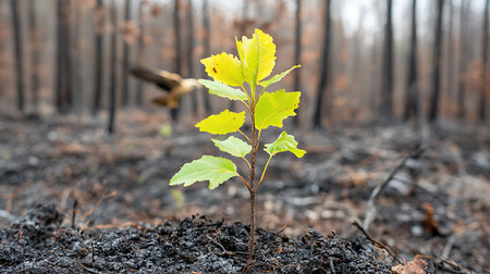 Young green sprout in a burnt forest, close-up.の写真素材
