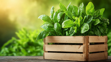 Fresh basil in wooden box on wooden table with blurred garden background.の写真素材