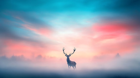 Silhouette of a deer in a foggy forest at sunsetの写真素材