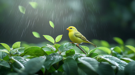 Small yellow bird sitting on a branch with raindrops on the backgroundの写真素材