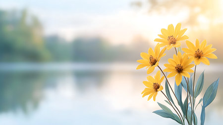 Beautiful yellow flowers on the background of the lake in the morningの写真素材