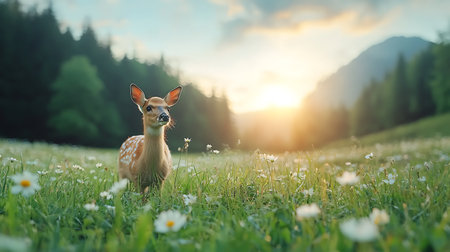 Fawn in the meadow with daisies at sunset.の写真素材