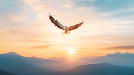 White eagle flying in the sky at sunset, beautiful nature landscape backgroundの写真素材