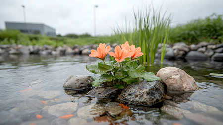 Orange flower on the rocks in the water. Shallow depth of field.の写真素材