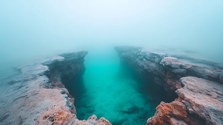 Fog in the sea. Fantastic landscape with a sea cave.の写真素材