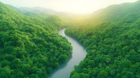 Aerial view of green forest and river, Nature landscape background.の写真素材