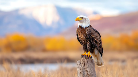 Bald Eagle (Haliaeetus leucocephalus) perched on a stumpの写真素材