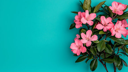 Pink flowers on green background. Flat lay, top view, copy spaceの写真素材