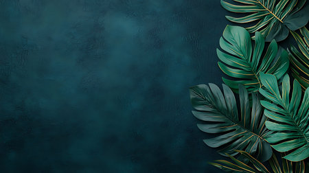 Tropical leaves on dark blue background. 3D illustration.の写真素材
