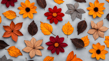 Autumn background with red and orange leaves and flowers. Flat lay, top viewの写真素材