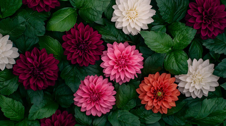 Colorful dahlia flowers with green leaves background, top view