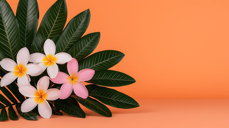 Tropical leaves and frangipani flowers on orange backgroundの写真素材