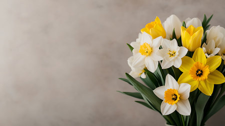 Bouquet of yellow and white daffodils on a gray backgroundの写真素材