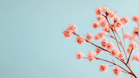 Pink cherry blossom on blue background with copy space for text.の写真素材