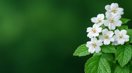 White flowers on a green background. Copy space for your text.