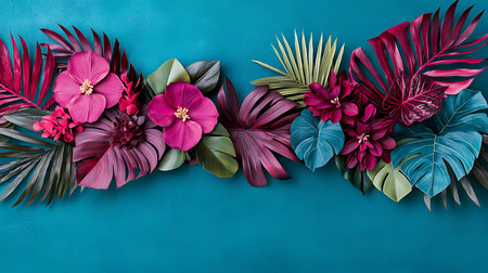 Creative layout made of tropical leaves and flowers. Flat lay. Nature conceptの写真素材