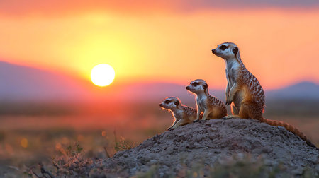 Group of meerkats standing on top of hill at sunset.の写真素材
