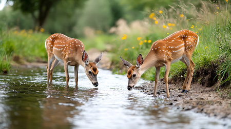 Two deer drinking water from a riverの写真素材