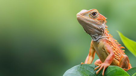 A close up of a bearded dragon sitting on a green leaf.