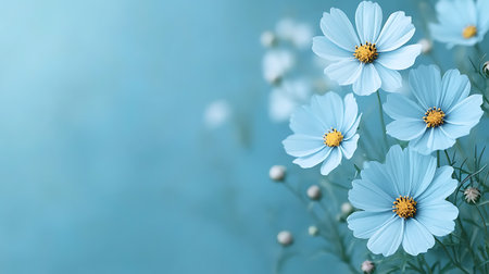 Beautiful blue cosmos flowers on blue background with space for text.の写真素材