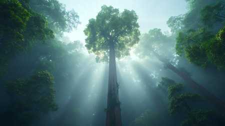 Tropical forest with fog and sunlight in the morning. 3d rendering