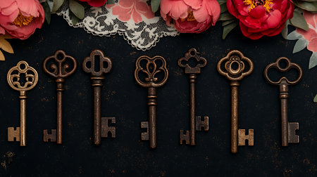 Vintage keys with peony flowers on dark background, top view