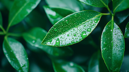 Green leaf with water drops. Nature background with copy space for text.