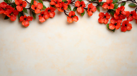 Red flowers on the old paper background with copy space for text.