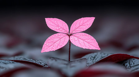 pink plant with water drops on dark background, 3d illustration