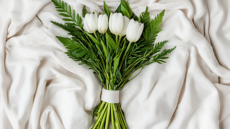 Wedding bouquet of white tulips on white fabric backgroundの写真素材