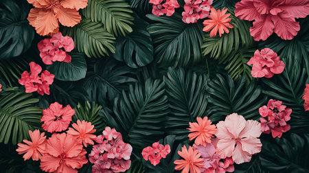 Top view of tropical leaves and hibiscus flowers background.の写真素材