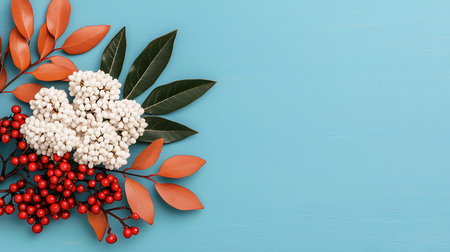 Autumn leaves and berries on blue wooden background with copy space.