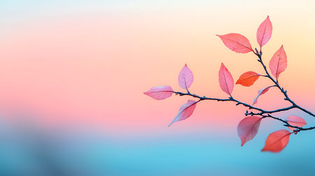 Autumn leaves on a tree branch against the background of the sunset