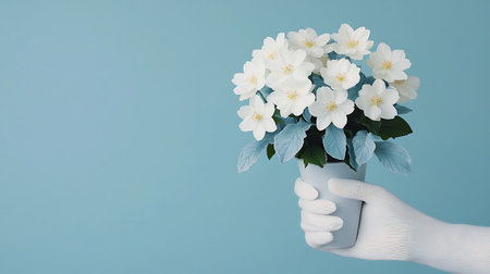 Hand in white glove holding a vase of jasmine flowersの写真素材