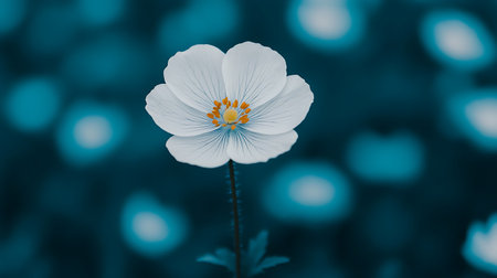 Close up of white anemone flower on blue blurred background.の写真素材