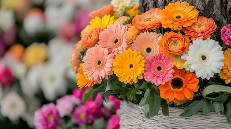 Bouquet of colorful gerbera flowers in the basket.の写真素材