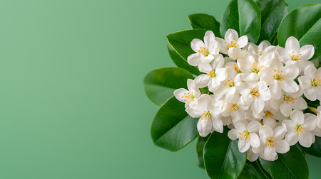 White flowers and green leaves on green background with copy space for textの写真素材