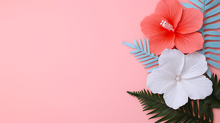 Flowers composition. Tropical palm leaves and hibiscus flowers on pink background. Flat lay, top view, copy spaceの写真素材