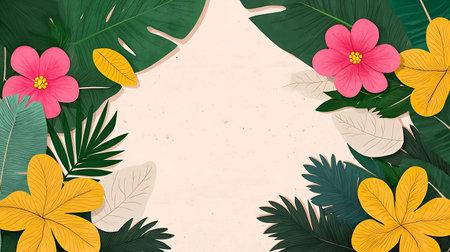 Tropical background with palm leaves and flowers. Vector illustration.